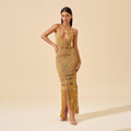 Halter Crochet Knit Cutout Fringe Maxi Dress