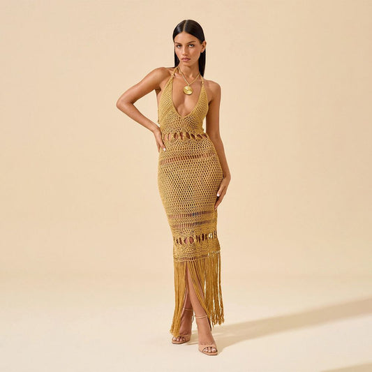 Halter Crochet Knit Cutout Fringe Maxi Dress