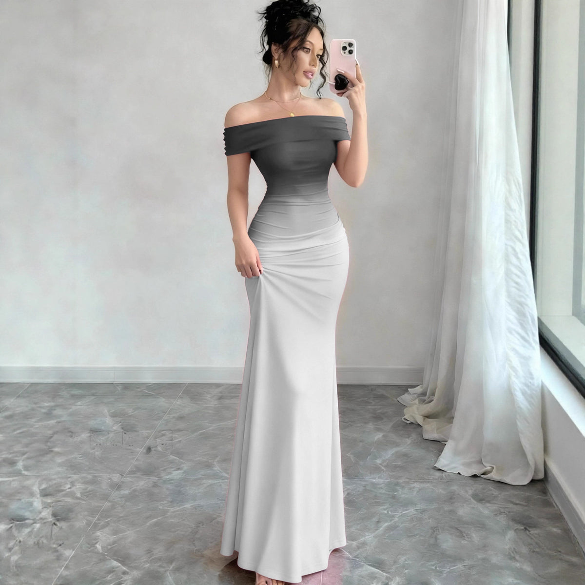 Off-Shoulder Ombre Sheath Maxi Dress