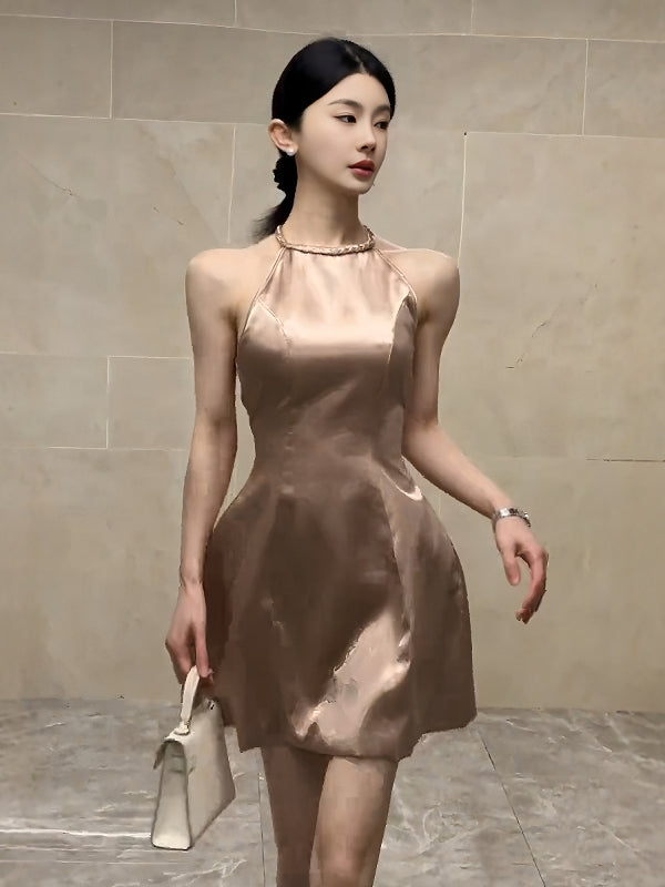 Halter Neck Satin A-Line Mini Dress