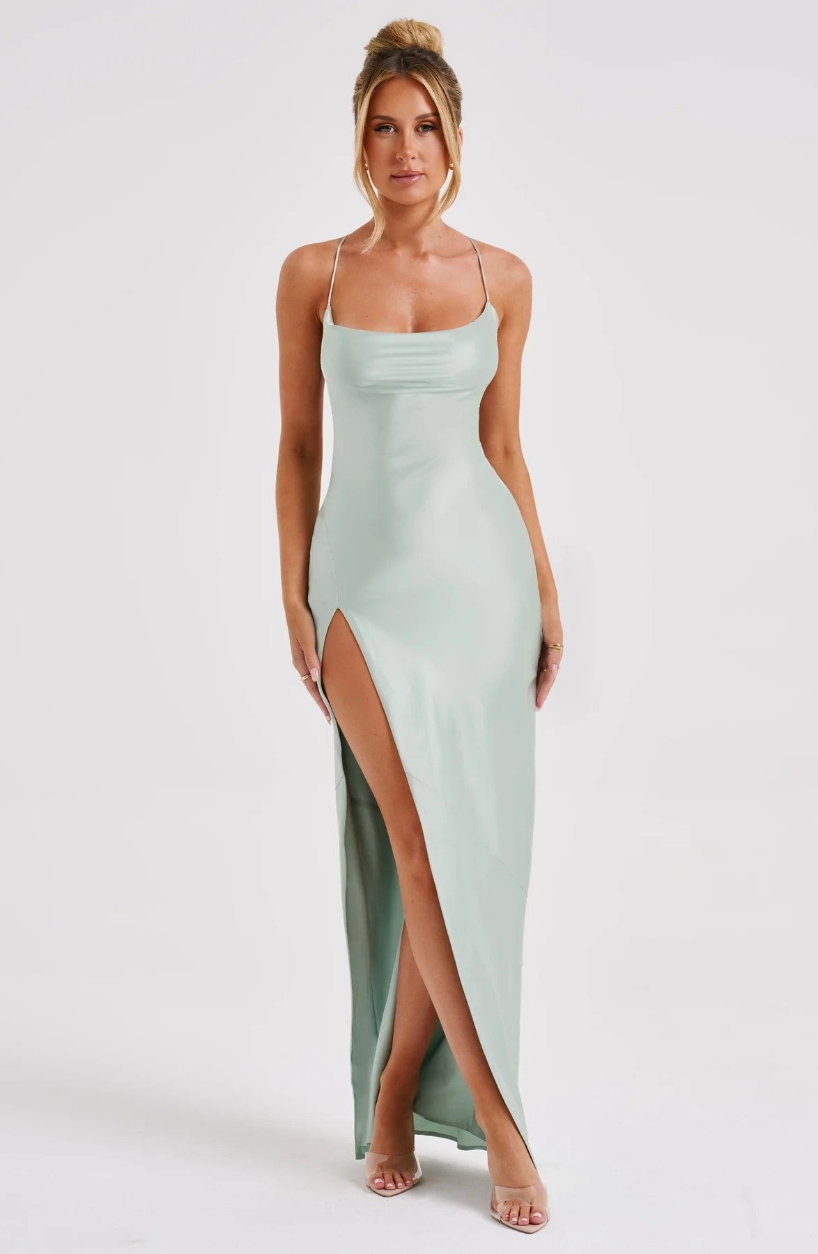Cowl Neck Slit Satin Maxi Dress