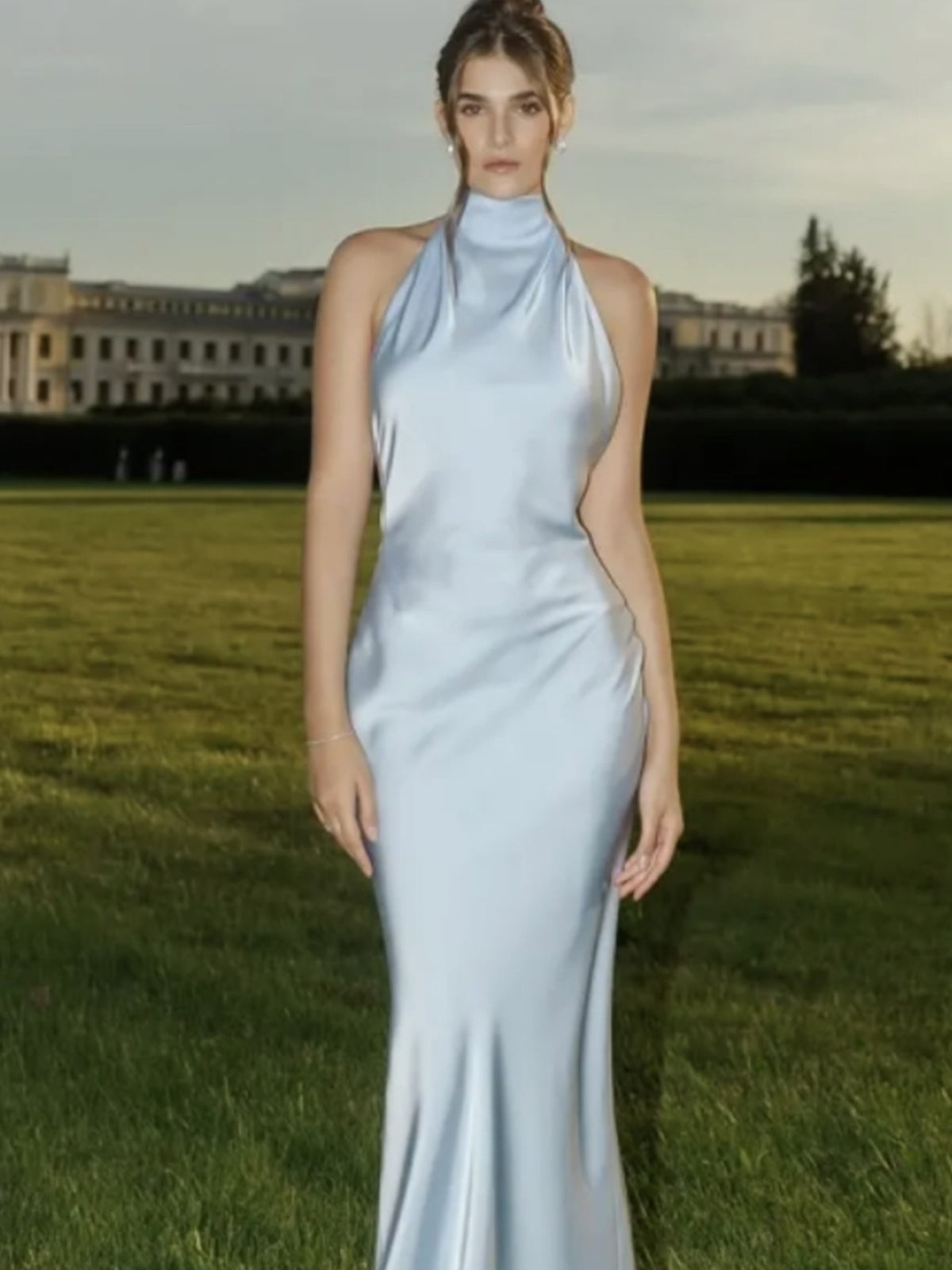 High-Neck Halter Backless Satin Mermaid Gown