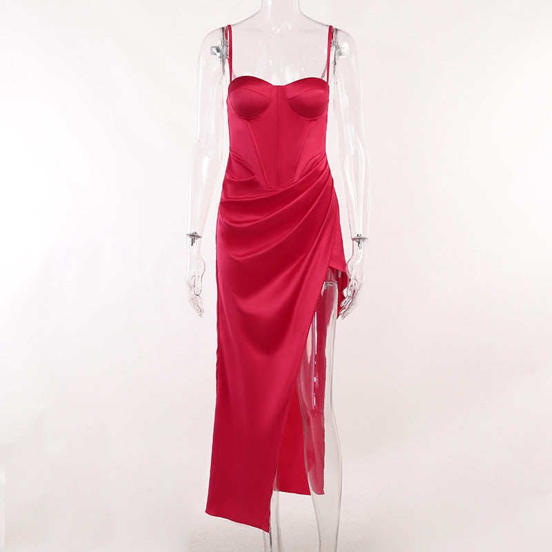 Bustier Ruched High-Slit Satin Maxi Dress