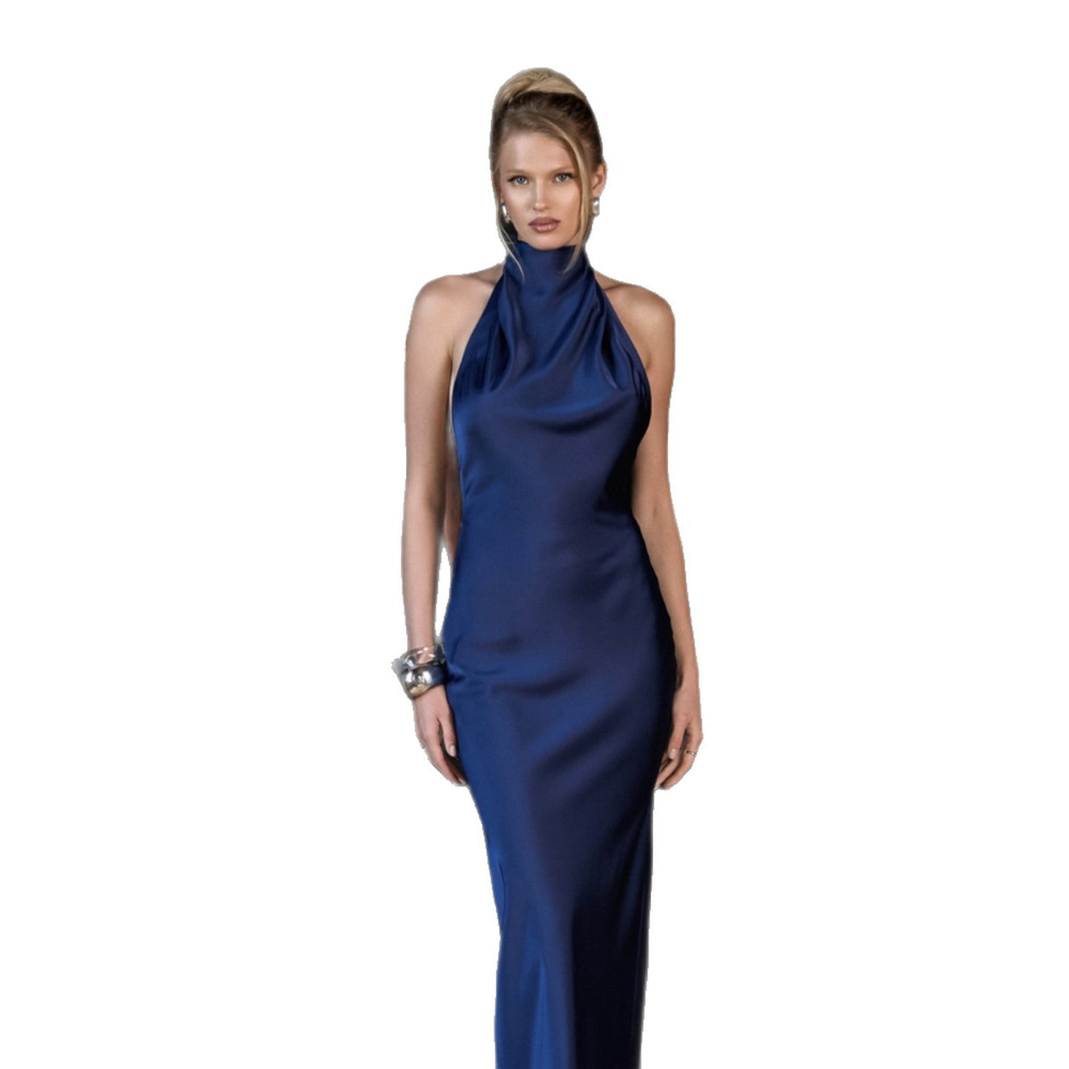 High-Neck Halter Backless Satin Mermaid Gown