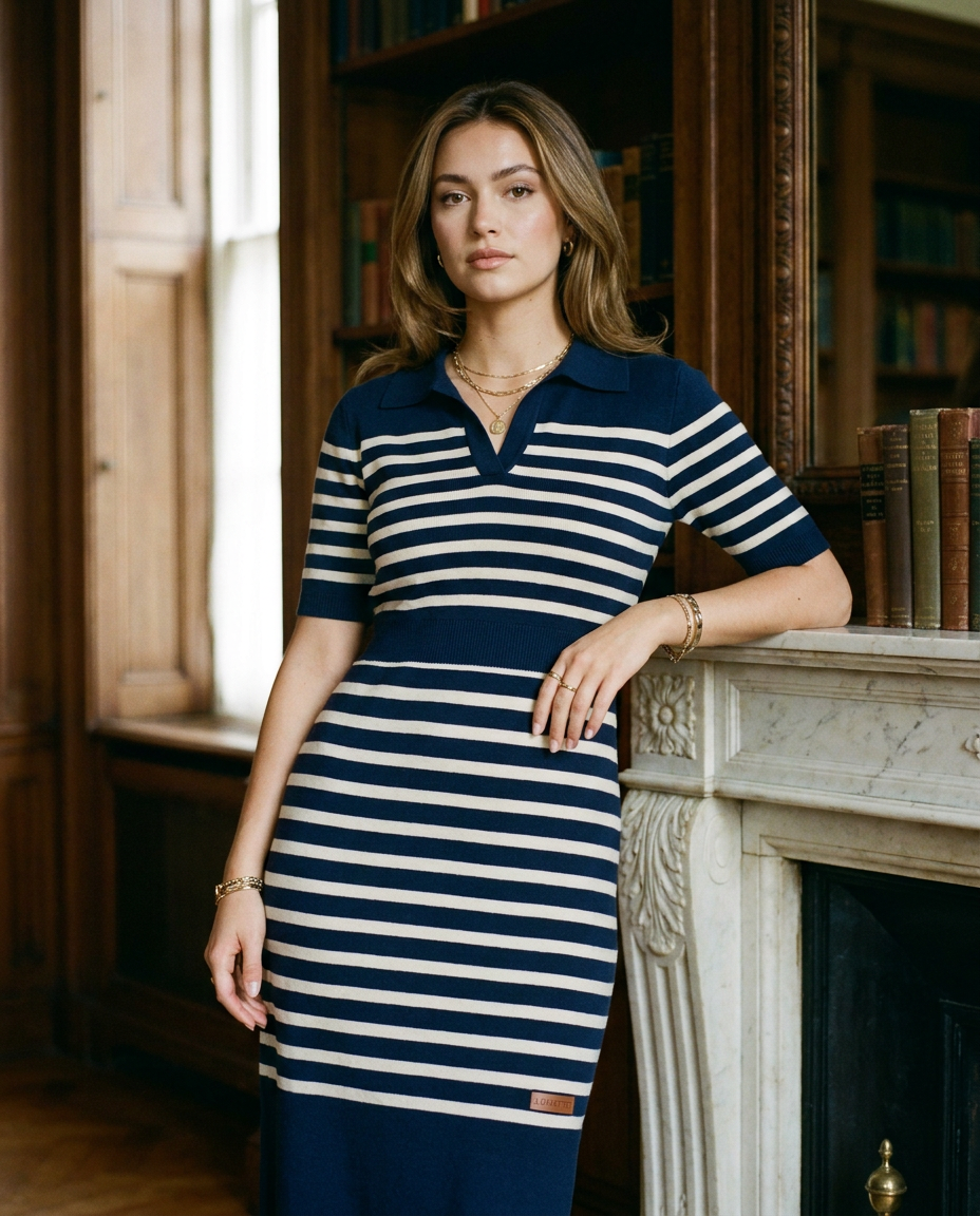 Striped Knit Polo Midi Dress on LUNETTE brand model