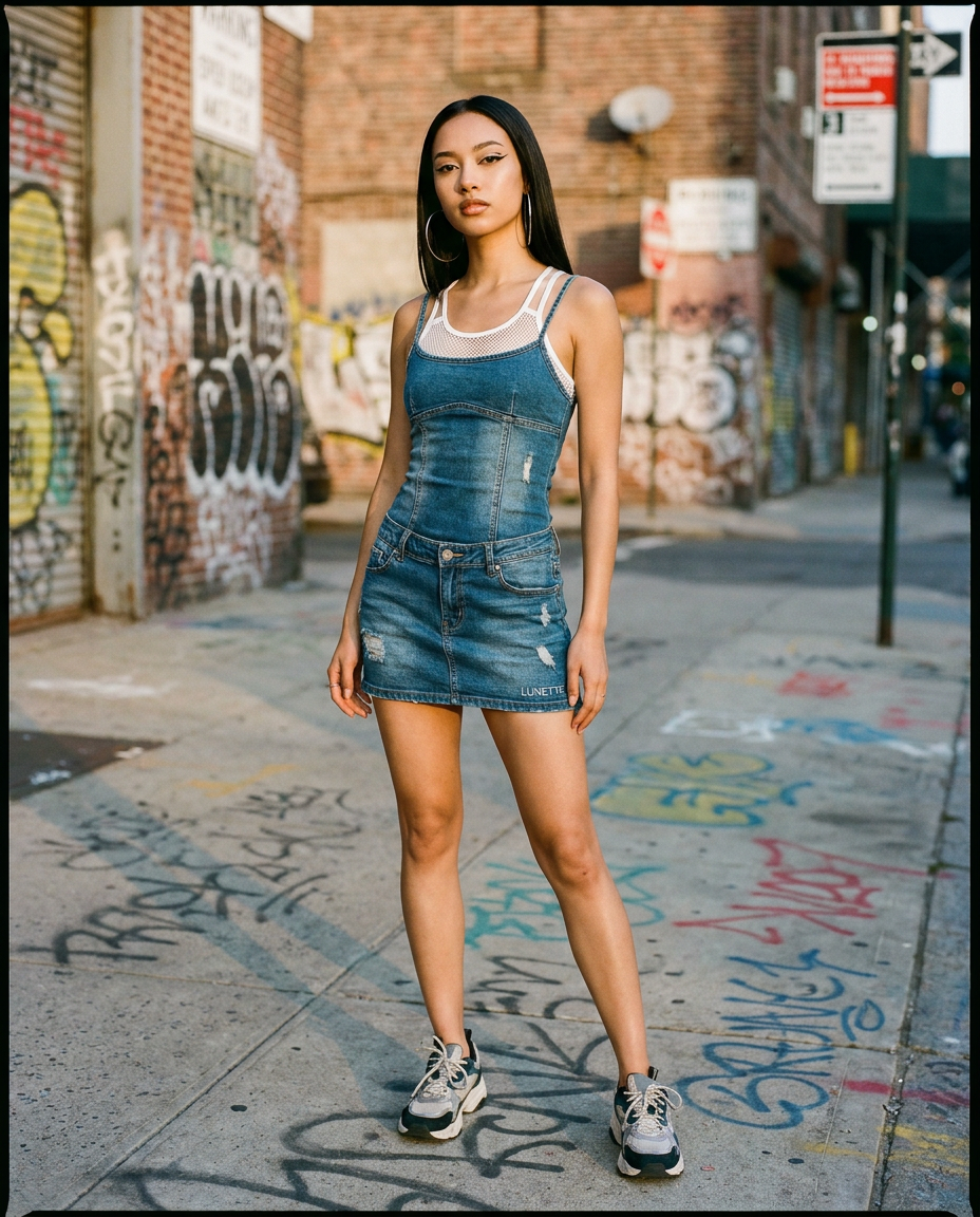 Y2K Low-Rise Denim Mini Dress on LUNETTE brand model