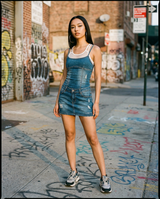 Y2K Low-Rise Denim Mini Dress on LUNETTE brand model