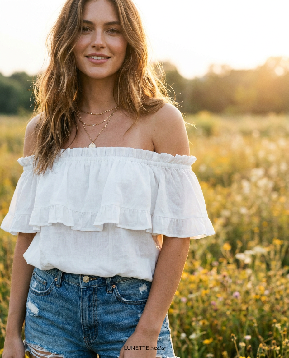 Ruffle Off-Shoulder Peasant Top on LUNETTE brand model