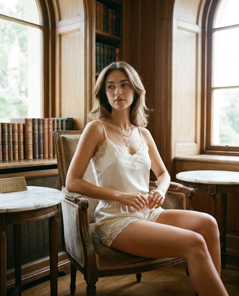 Satin Cami & Shorts Pajama Set on LUNETTE brand model