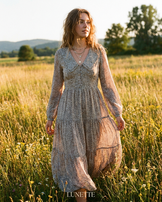 Floral Cottagecore Tiered Maxi Dress on LUNETTE brand model