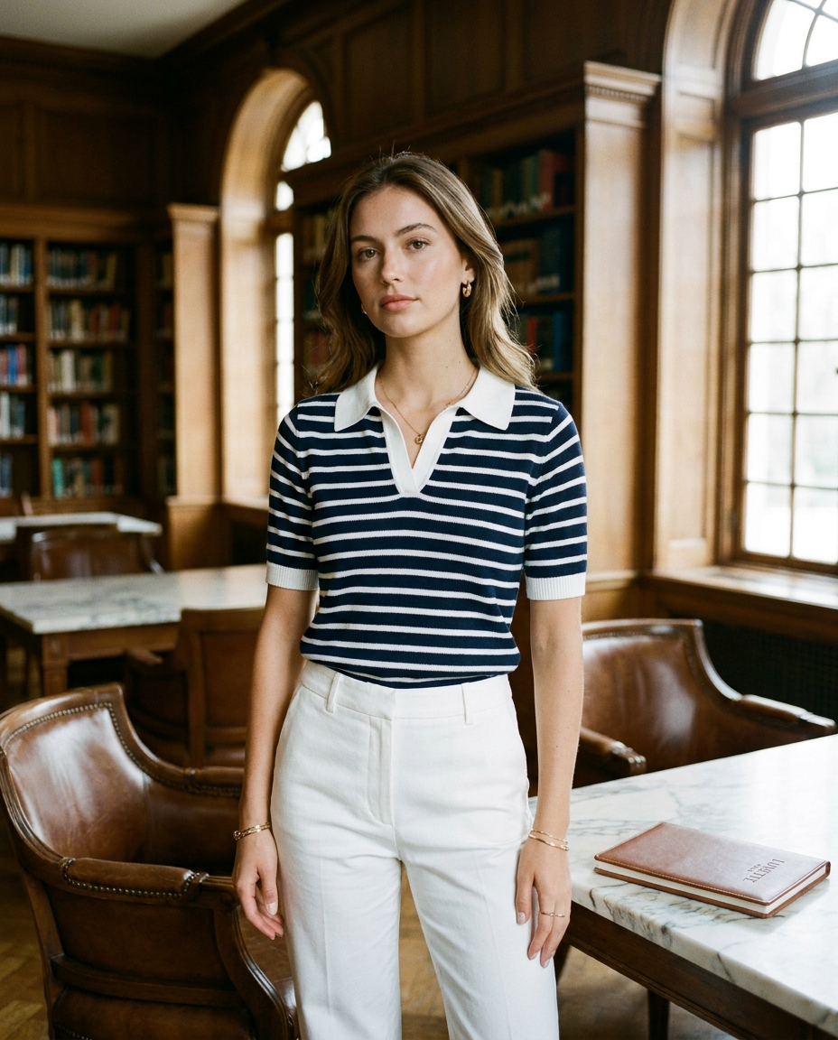 Striped Knit Polo Top on LUNETTE brand model