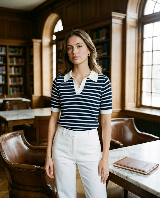 Striped Knit Polo Top on LUNETTE brand model