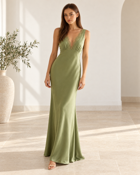 Matcha Deep V-Neck Open-Back Maxi Dress, front view