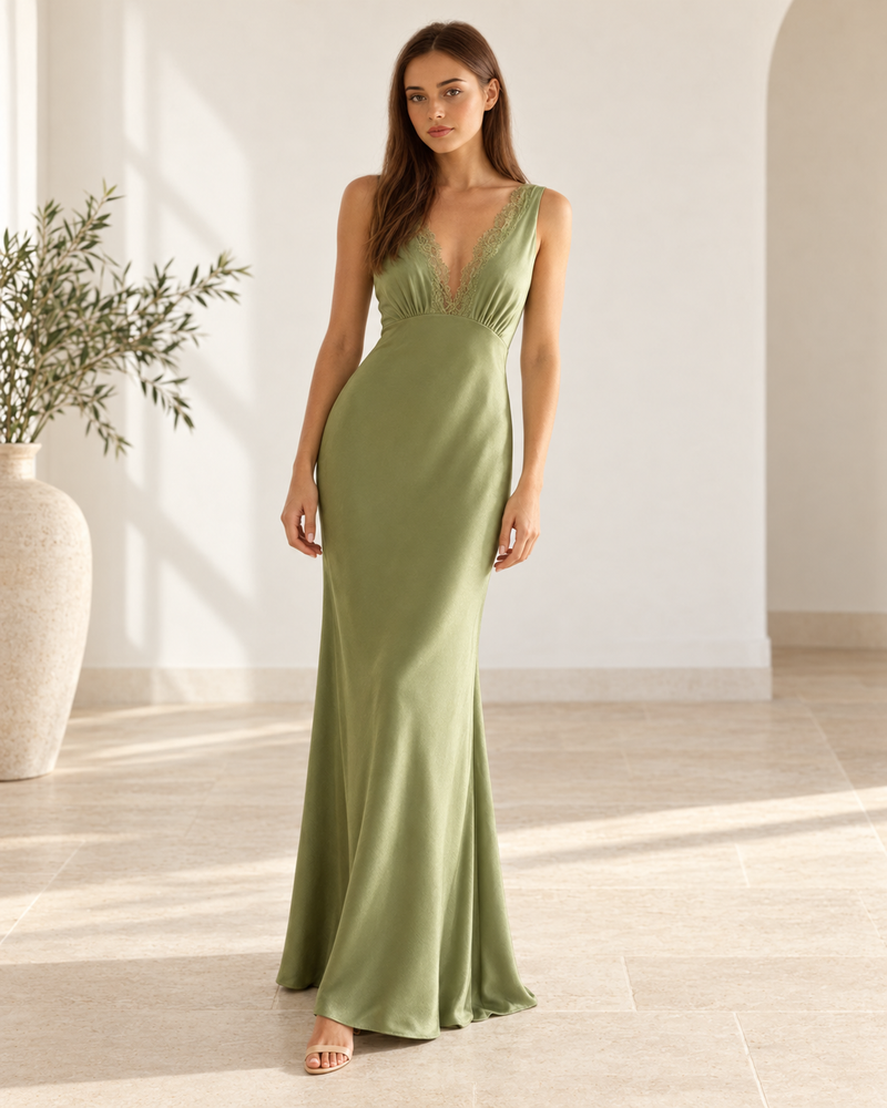Matcha Deep V-Neck Open-Back Maxi Dress, front view