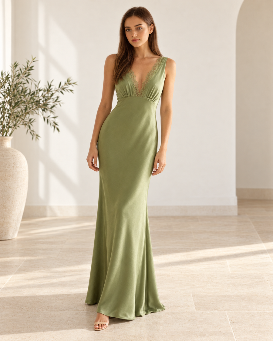 Matcha Deep V-Neck Open-Back Maxi Dress, front view
