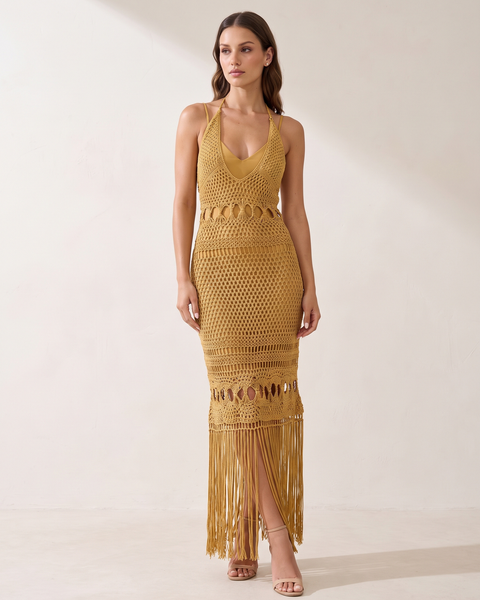 Mustard Halter Open-Knit Cutout Fringe Maxi Dress, front view