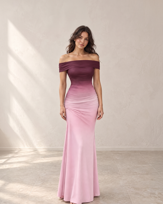 Dark Red Off-Shoulder Ombre Sheath Maxi Dress, front view