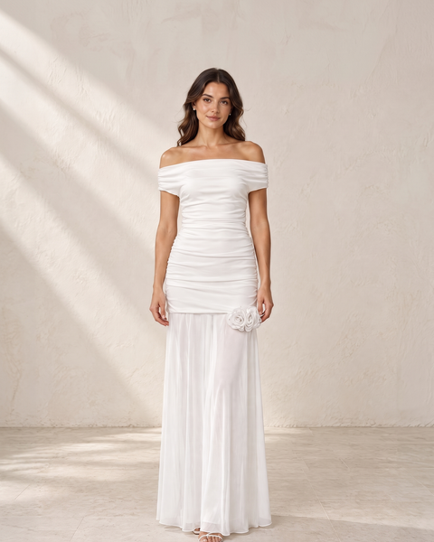 White Off-Shoulder Ruched Floral Mesh Maxi Dress, front view