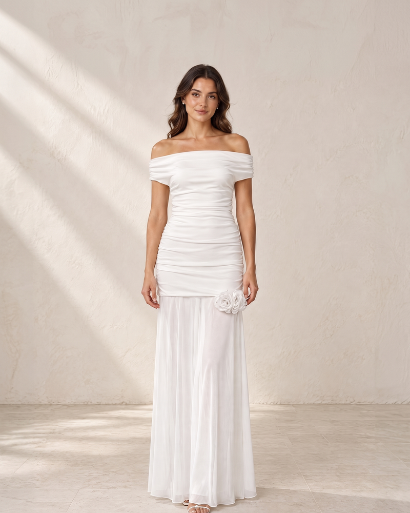 White Off-Shoulder Ruched Floral Mesh Maxi Dress, front view