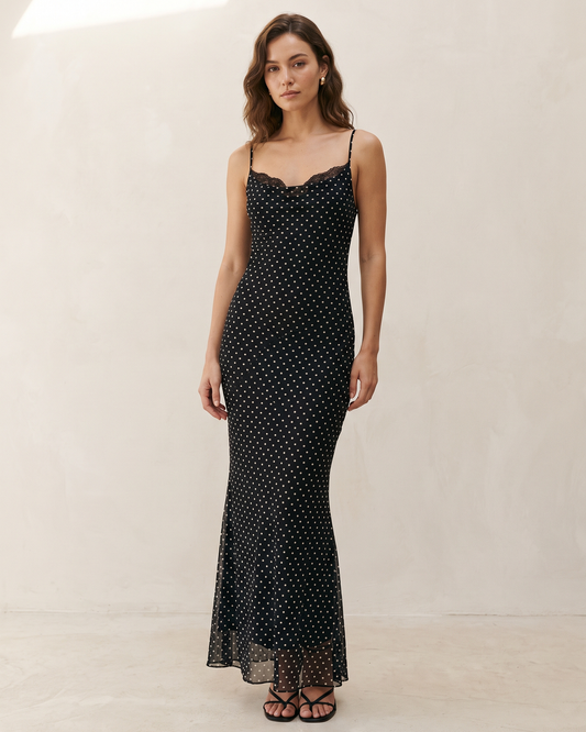 Black Sheer Polka Dot Mesh Maxi Dress, front view