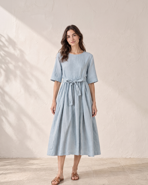 Light Blue Tie-Waist Round Neck Midi Dress, front view