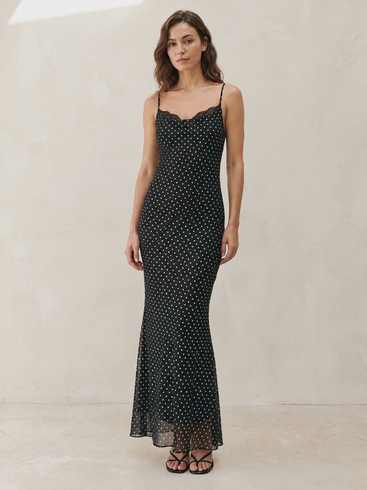 Sheer Polka Dot Mesh Maxi Dress, on-model video turning to show the back