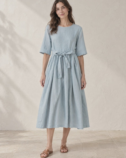 Tie-Waist Round Neck Midi Dress, on-model video turning to show the back