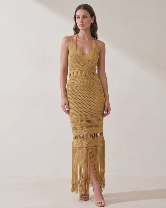 Halter Open-Knit Cutout Fringe Maxi Dress, on-model video turning to show the back