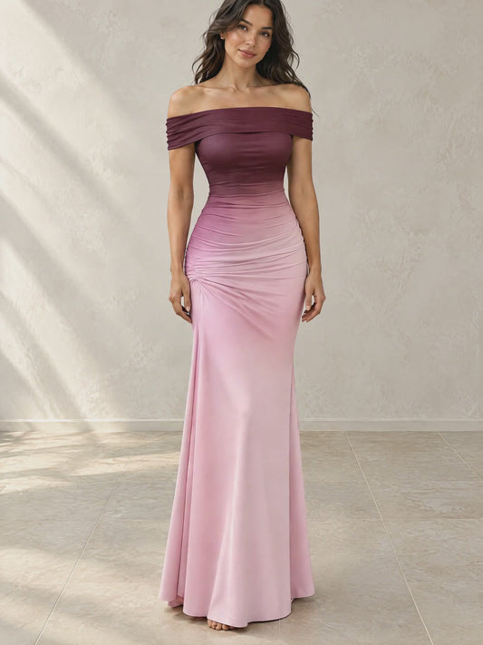 Off-Shoulder Ombre Sheath Maxi Dress, on-model video turning to show the back