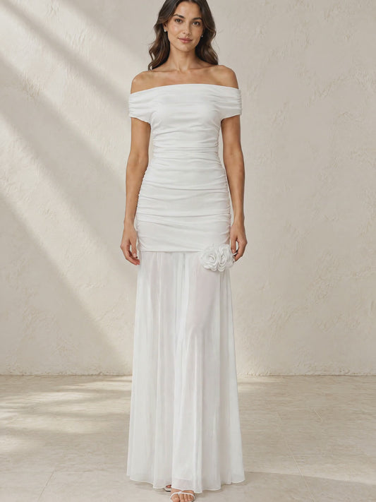 Off-Shoulder Ruched Floral Mesh Maxi Dress, on-model video turning to show the back